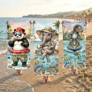 Pack de 3 toallas de playa gigantes con diseños de elefanta Elly, T-Rex Resi y Oso PandIA.