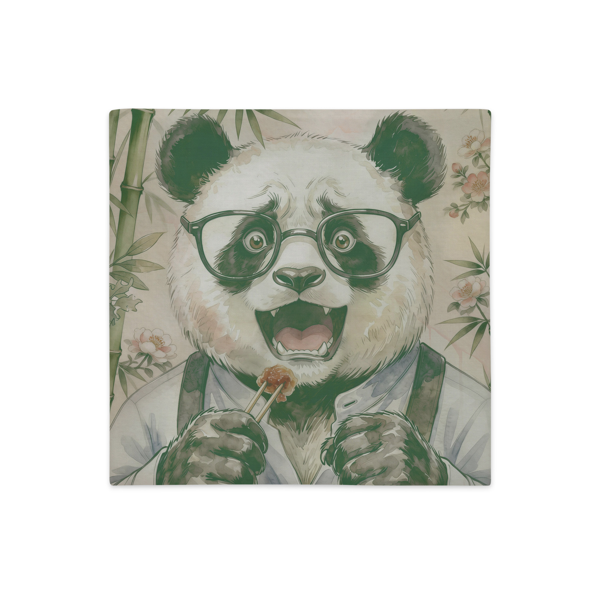 Funda de cojín decorativa con ilustración original de oso panda con gafas estilo nature y tacto suave