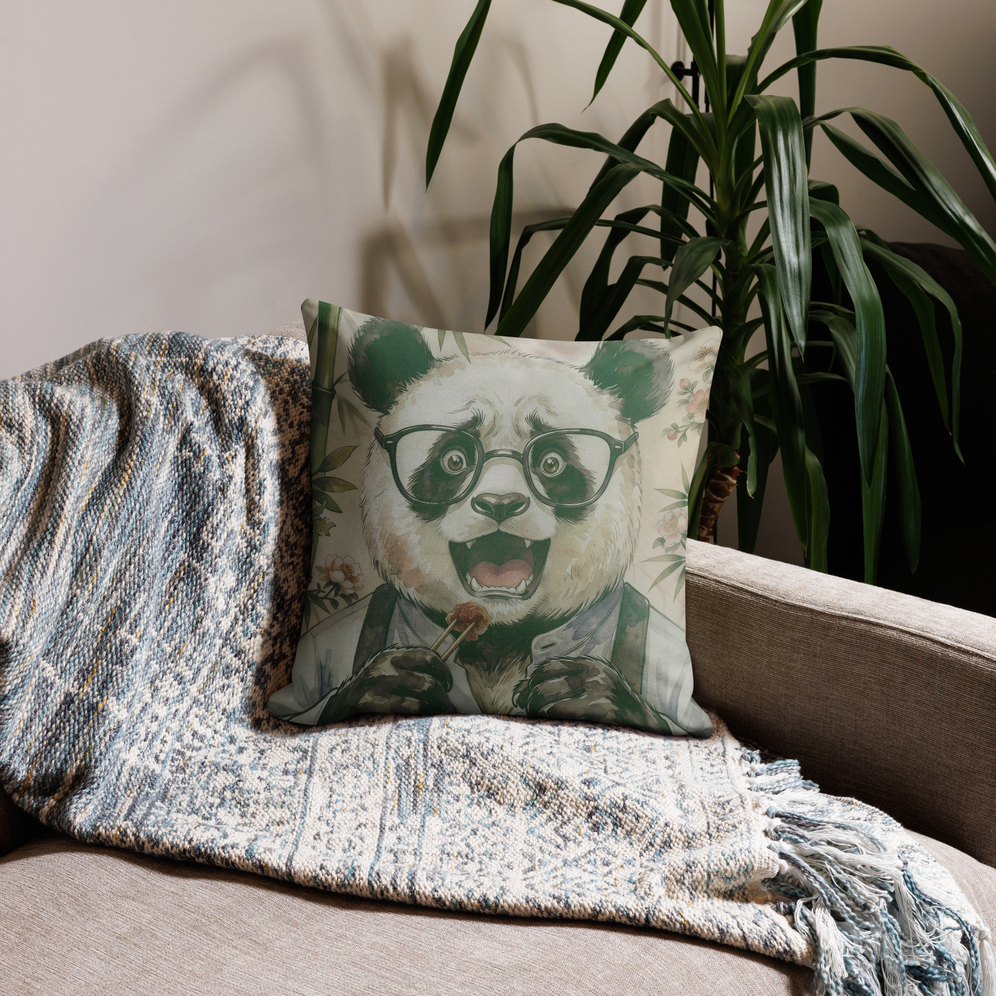 Funda de cojín decorativa con ilustración original de oso panda con gafas estilo nature y tacto suave