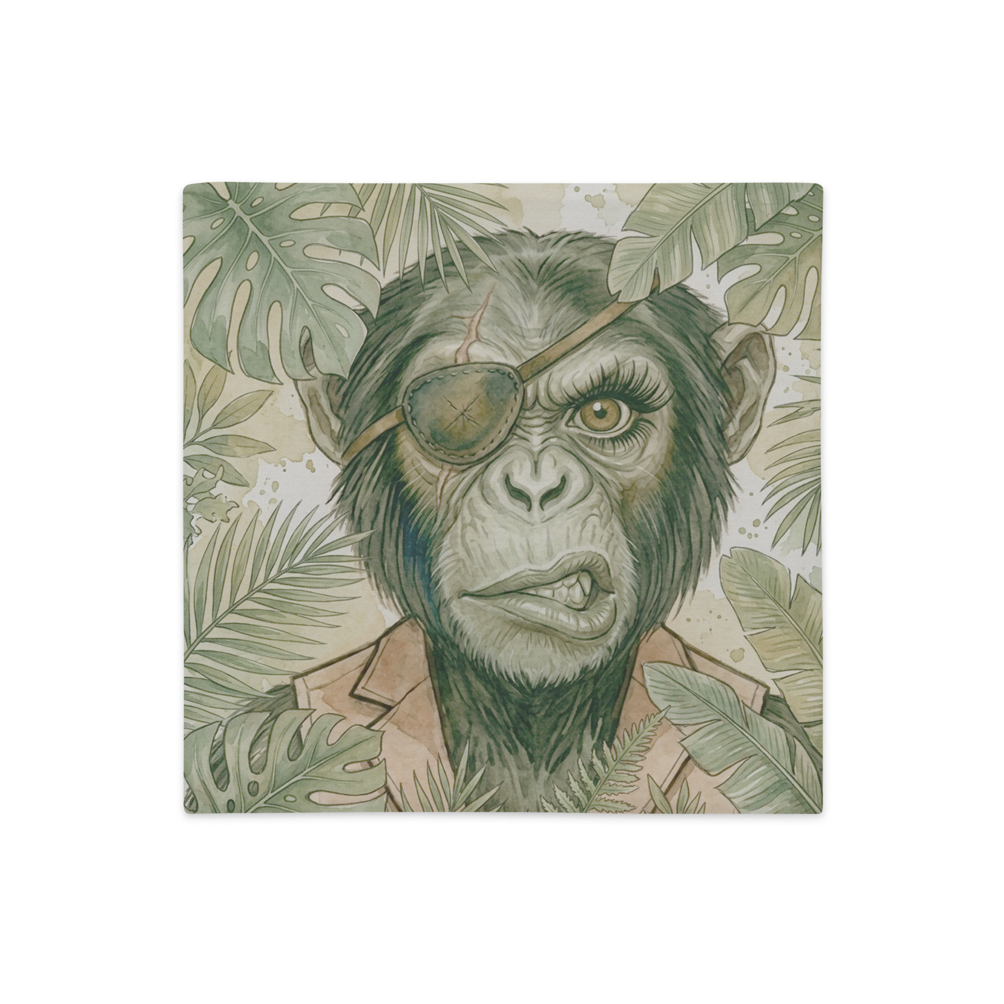 Ilustración de chimpancé Zira con parche en el ojo y gesto de enfado para cojín decorativo