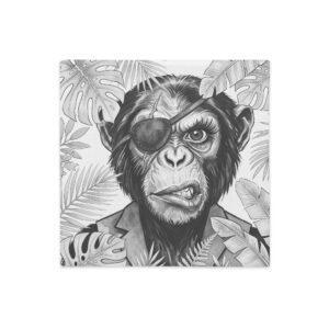 Cojín minimalista negro con ilustración de chimpancé rebelde Zira en blanco y negro para oficina moderna.