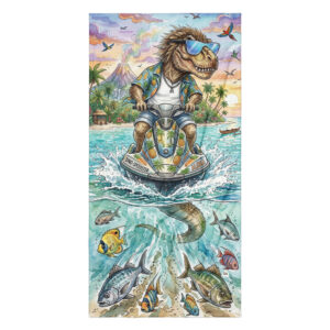 Toalla de playa gigante con ilustración de T-Rex Resi en moto de agua con gafas de sol.