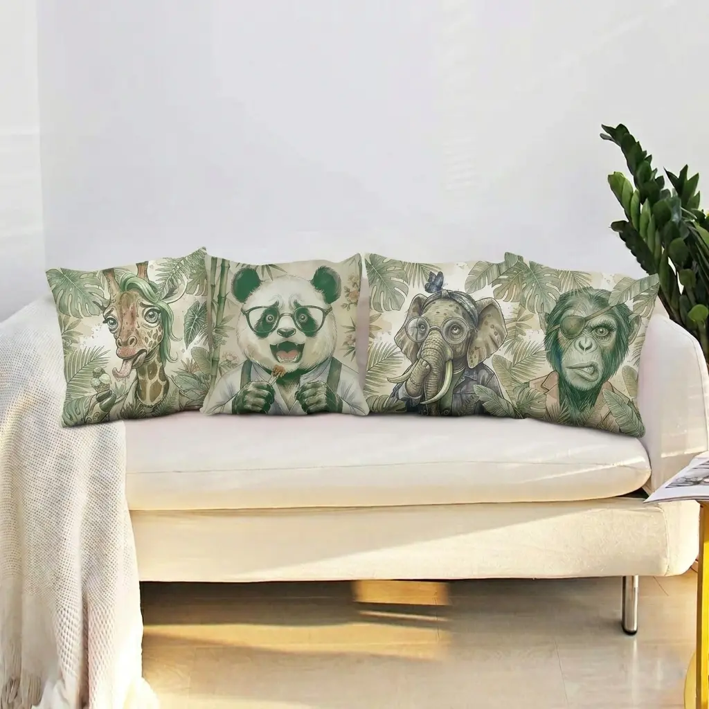 Pack de 4 fundas de cojín decorativas colección Nature con animales ilustrados Mico