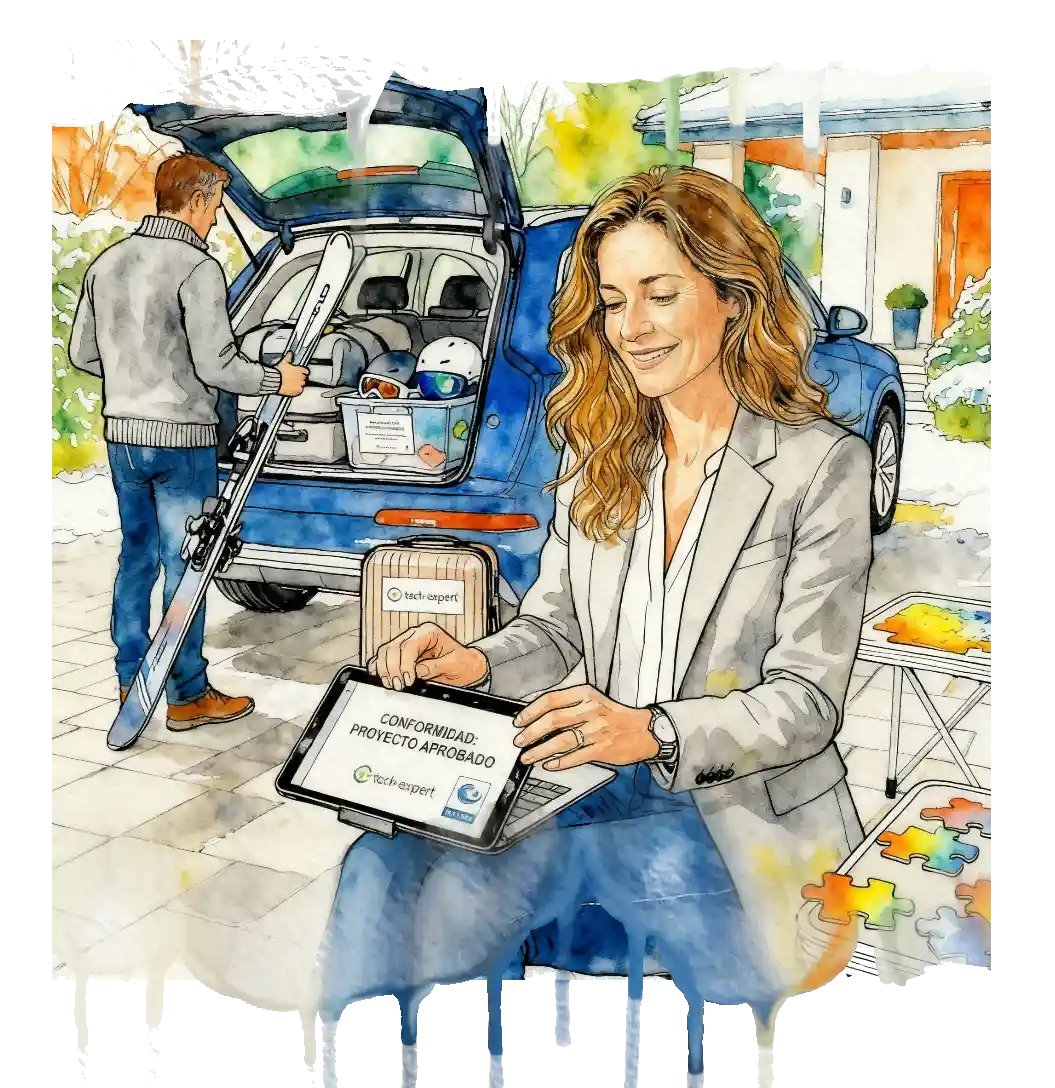 Mujer profesional sonriendo al ver un informe de conformidad técnica en su tablet mientras cargan esquís en un coche, simbolizando la tranquilidad de delegar el control de calidad.
