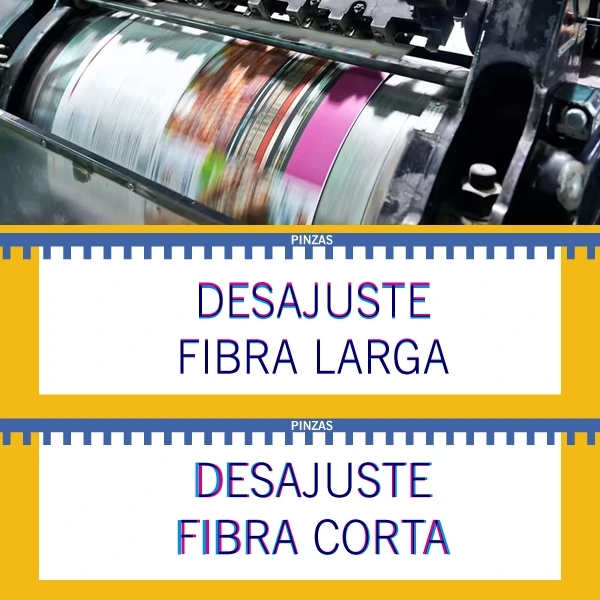 Comparación técnica de desajuste de impresión offset entre papel de fibra larga y fibra corta, mostrando problemas de registro de color cerca de las pinzas de la prensa.