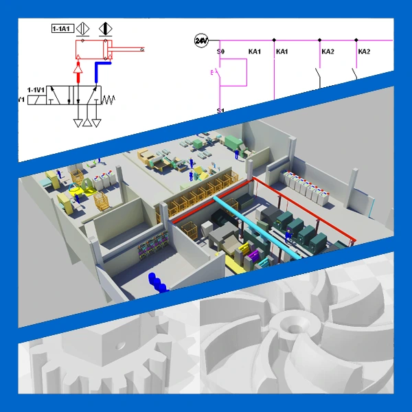 Infografía de servicios de ingeniería Lanza4cero que muestra un plano eléctrico de automatismos, un diseño CAD 3D de la distribución de una planta de impresión y piezas mecánicas diseñadas para impresión 3D.