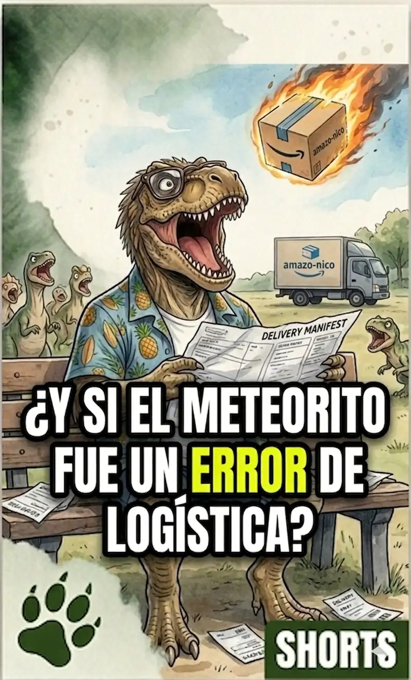 Ilustración de un dinosaurio T-Rex vestido de turista leyendo un papel mientras un meteorito con forma de caja de cartón de Amazo-nico cae sobre la Tierra, estilo acuarela digital.