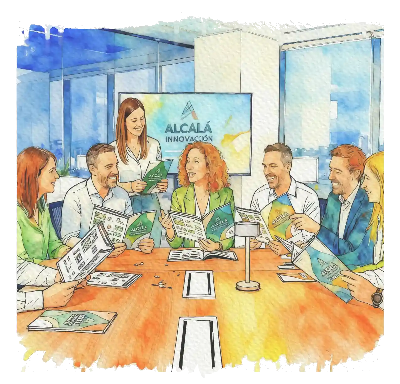 Grupo de profesionales de marketing sonriendo y revisando catálogos impresos sobre una mesa de madera en una oficina iluminada, representando el éxito de una campaña publicitaria.
