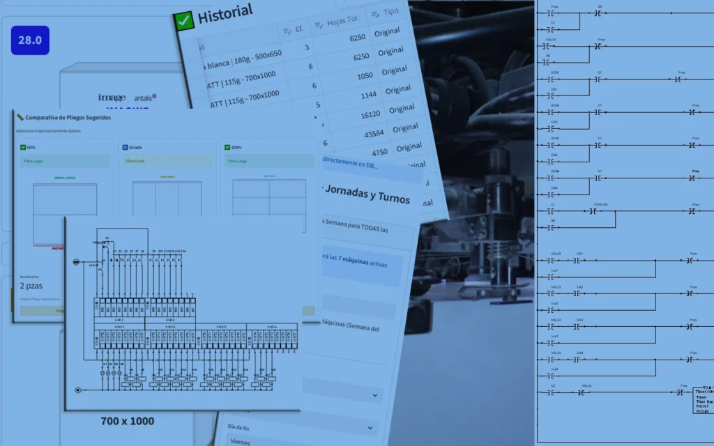 Interfaz de software ERP para imprentas con módulos de comparación de pliegos, historial de producción y diagramas de lógica de automatismos industriales para control de maquinaria.