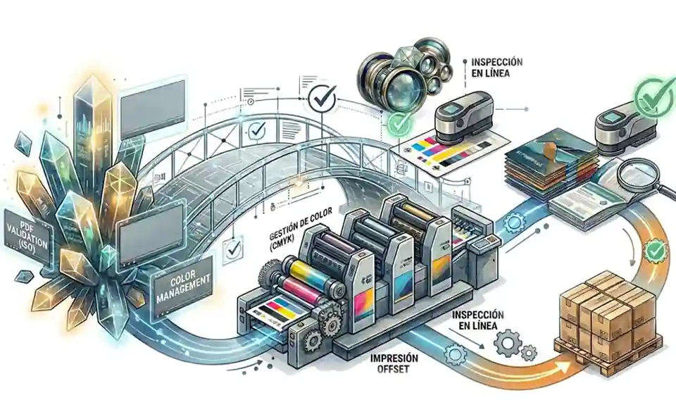 Diagrama ilustrado de una cadena de producción gráfica profesional. Incluye gráficos de datos de preimpresión, una máquina de impresión offset, herramientas de medición de color, libros terminados y palets de envío. Las marcas de verificación verdes indican puntos de control de calidad en cada etapa del proceso.