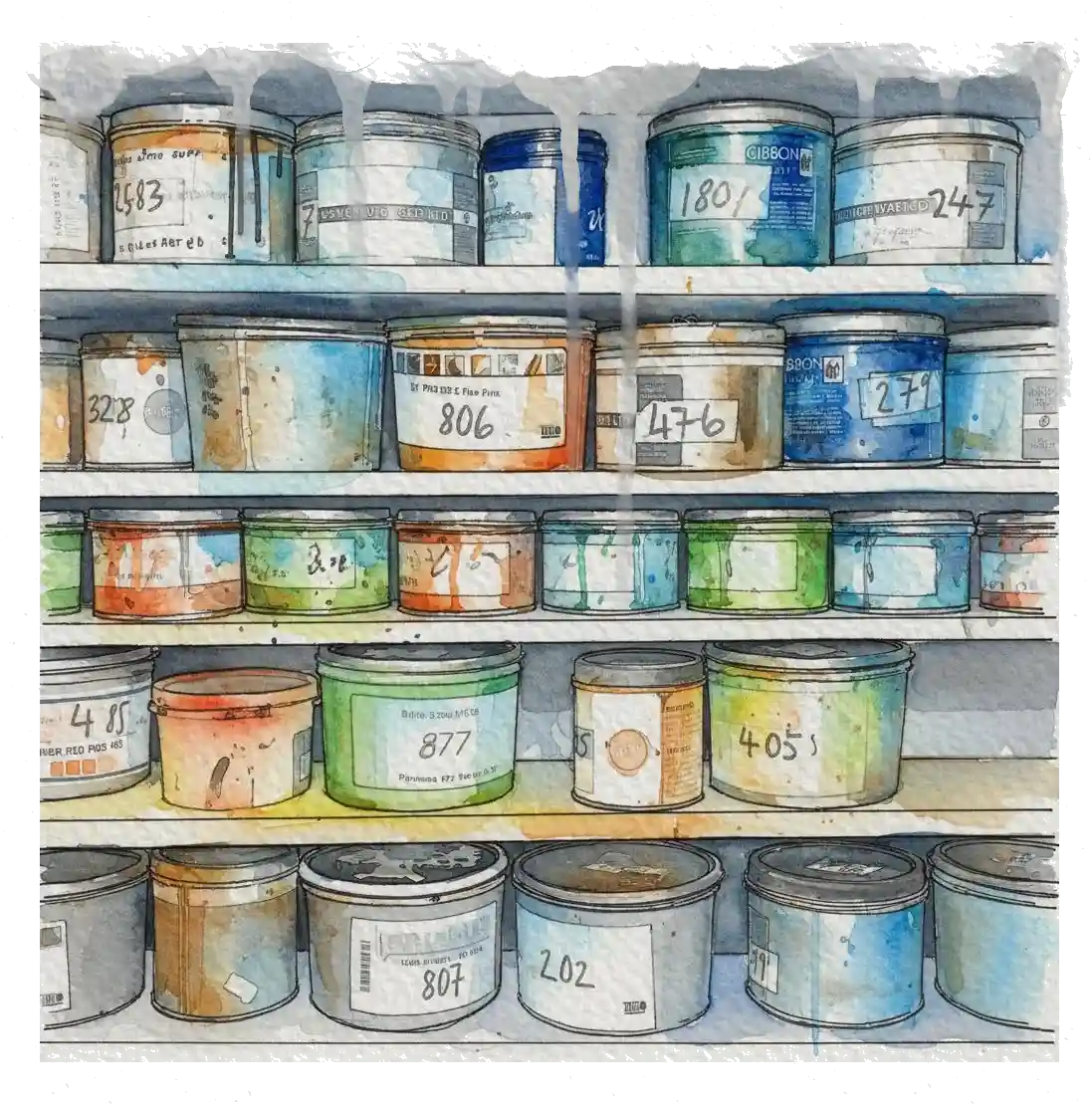 Estantería con botes de tinta de diversos colores etiquetados con números de referencia. Estilo artístico de acuarela y boceto técnico que simboliza el laboratorio de color y la preparación de tintas en una imprenta profesional.