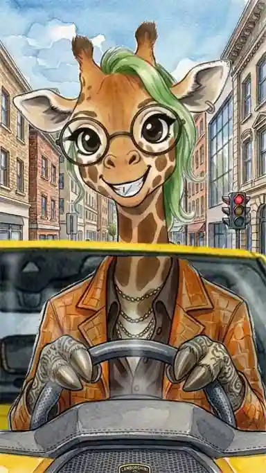Ilustración de jirafa conductora de taxi en la ciudad con estética acuarela y diseño de autor único.