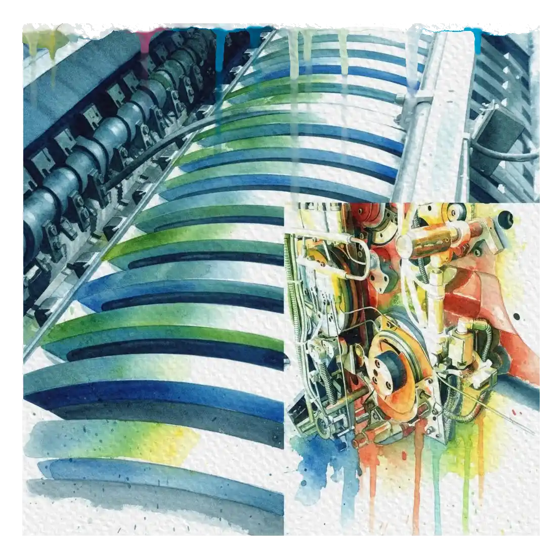 Ilustración artística en acuarela de mecanismos de una prensa de imprenta industrial. Se aprecian detalles de rodillos metálicos, engranajes y piezas de ingeniería con salpicaduras de color y líneas negras precisas. Representa la tecnología y la precisión en la industria gráfica.