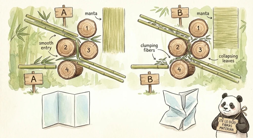 Infografía técnica sobre el plegado de papel fino y el colapso de fibra en gramajes de 30g a 60g