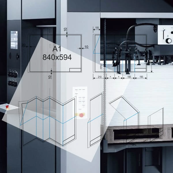 Esquema técnico de plegado A1 y dimensiones de troquel para prospecto farmacéutico y alimentario sobre máquina de impresión