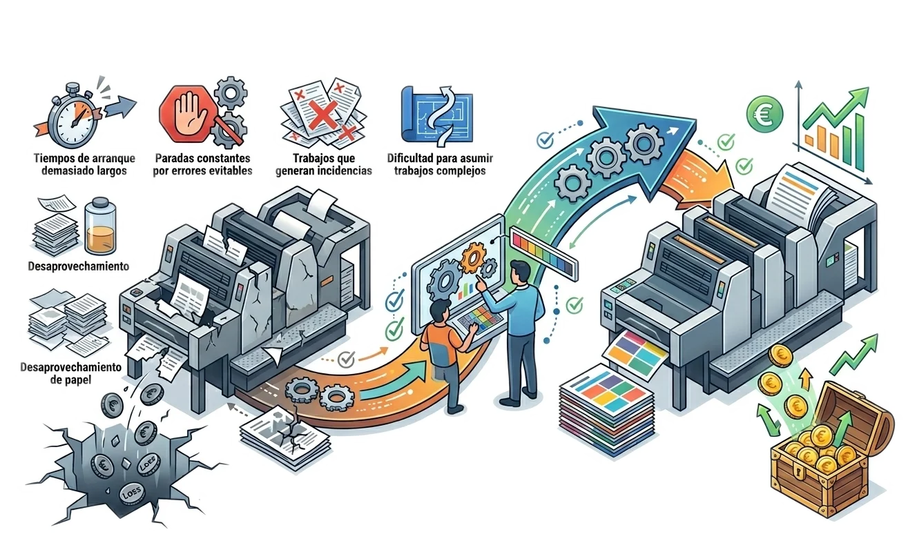 Diagrama ilustrado sobre fondo blanco que representa la mejora de procesos en una imprenta. Muestra una máquina de impresión con errores técnicos y desperdicio de papel a la izquierda, conectada mediante un flujo de trabajo digital a una máquina optimizada y eficiente a la derecha que genera beneficios económicos y alta productividad.
