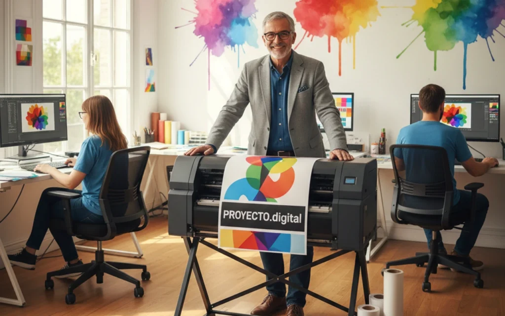 Imagen de una oficina de diseño, un equipo de diseñadores están imprimiendo la prueba de diseño de un cartel en el que está apoyado su cliente viendo con entusiasmo lo bien que está quedando su trabajo para imprenta.