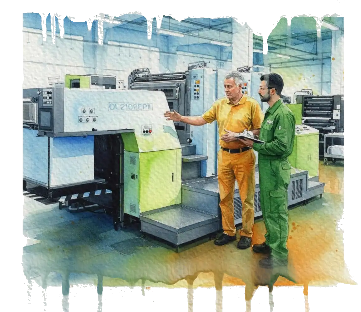 Una máquina offset en plena producción es observada por dos profesionales que comentan y anotan como superar los desafíos en la producción gráfica y la importancia de un flujo de trabajo automatizado y unificado.
