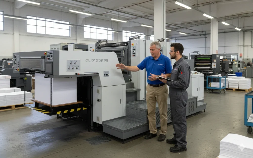 Una máquina offset en plena producción es observada por dos profesionales que comentan y anotan como superar los desafíos en la producción gráfica y la importancia de un flujo de trabajo automatizado y unificado.