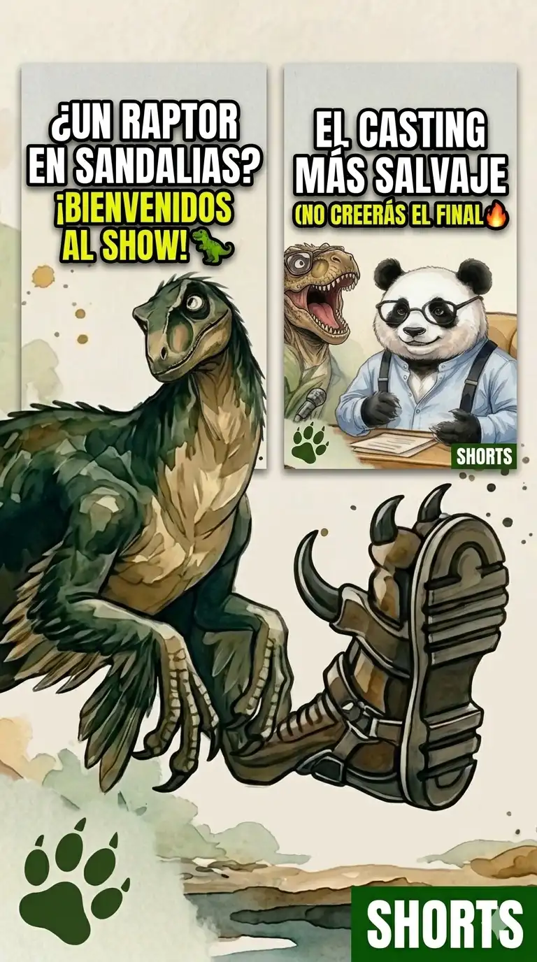 Ilustración de un dinosaurio Velociraptor en estilo acuarela digital vistiendo sandalias de cuero, como parte de la presentación del show animado Entre Bestias.