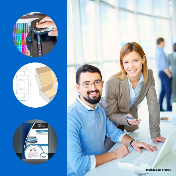 Asesor técnico de Lanza4cero supervisando archivos PDF y pruebas de color para impresión industrial junto a una cliente