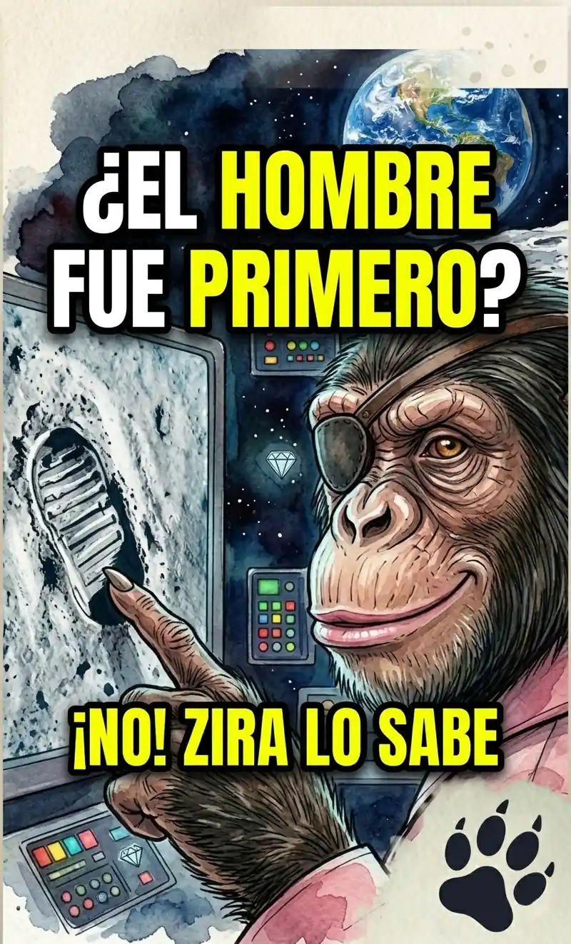 Ilustración de una simia con parche en el ojo llamada Zira, señalando una pantalla con una huella lunar, con la Tierra de fondo en estilo acuarela digital.